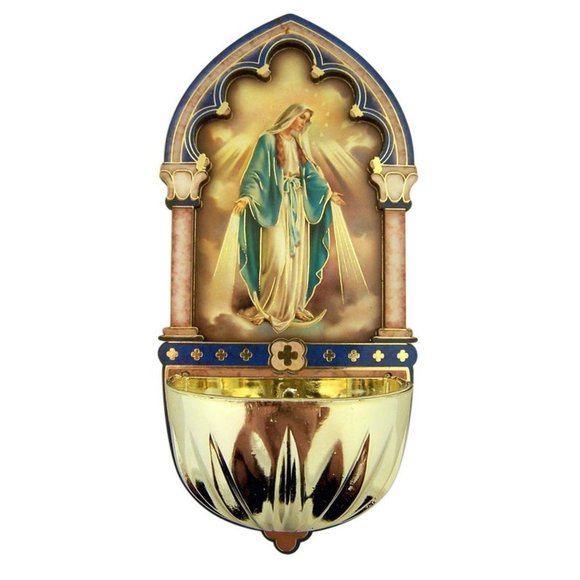 Our Lady Of Grace Gold Embossed Laser Cut Wood Multi-dimensional Holy Water🐬 - Picture 1 of 2